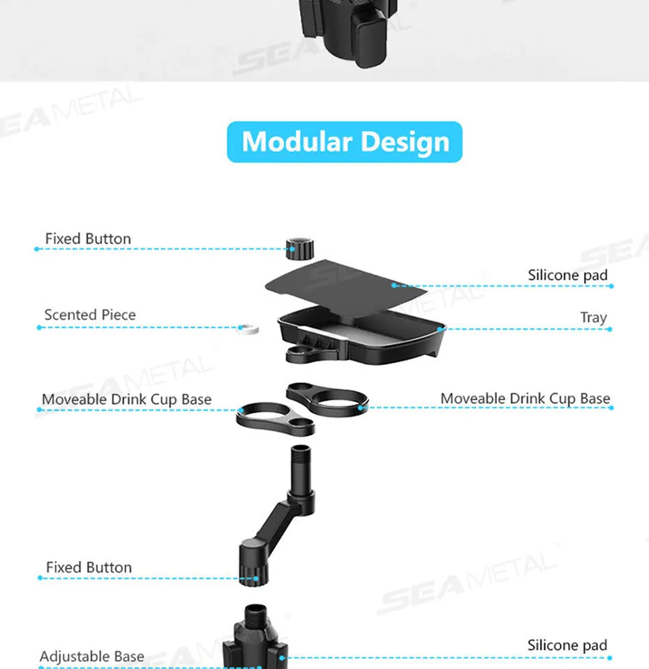 SEAMETAL Car Cup Holder Expander with Food Tray 360-Degree Rotation Stable Drink Holder Phone Mount Anti Slip Extendable Bottom