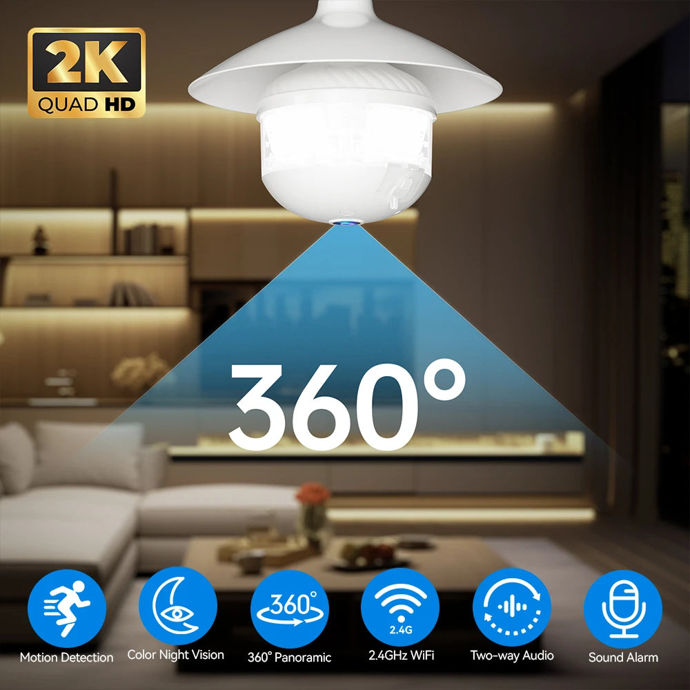 2K WiFi Home Light Bulb Camera Light Bulb Camera 360 degree Panoramic IP Camera Full Color Night Vision