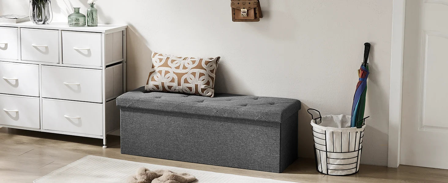 Storage Ottoman Bench with Hidden Toy Box Linen Stool 43in