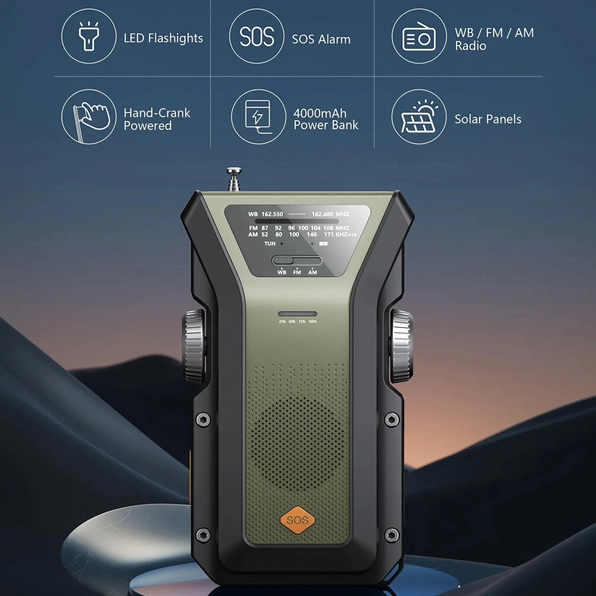 Weather Radio Emergency Multifunctional Radio FM AM WB Hand Crank Solar USB Charging 2000mAh Power Bank LED Flashlight Torch 