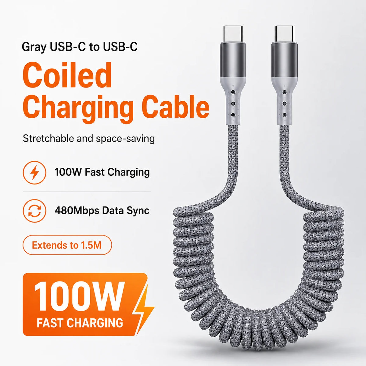 100W USB-C to USB-C Coiled Charging Cable, 1.5 m