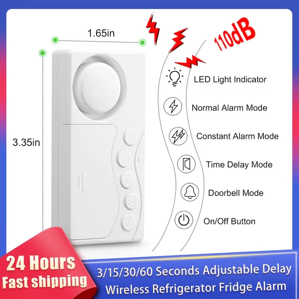 New Freezer Door Alarm with Delay 3/15/30/60 Seconds Adjustable Delay Refrigerator Alarm Wireless Door Open Ala