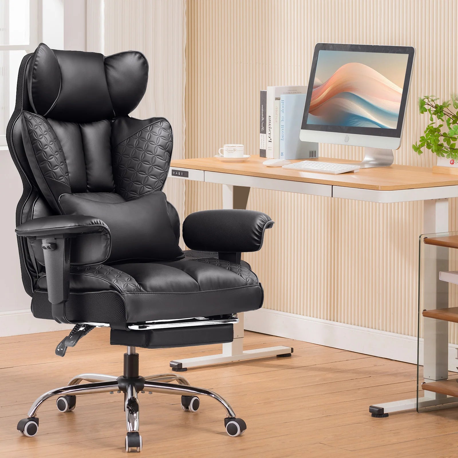 Ergonomic Leather Office Chair with Footrest & Reclining Back