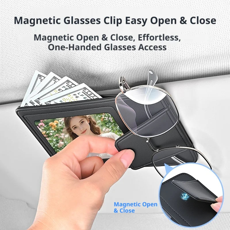SEAMETAL Universal Car Sun Visor Organizer Microfiber Leather Ultra-Slim Powerful Magnetic Glasses Clip 3-in-1 Car Storage Bag