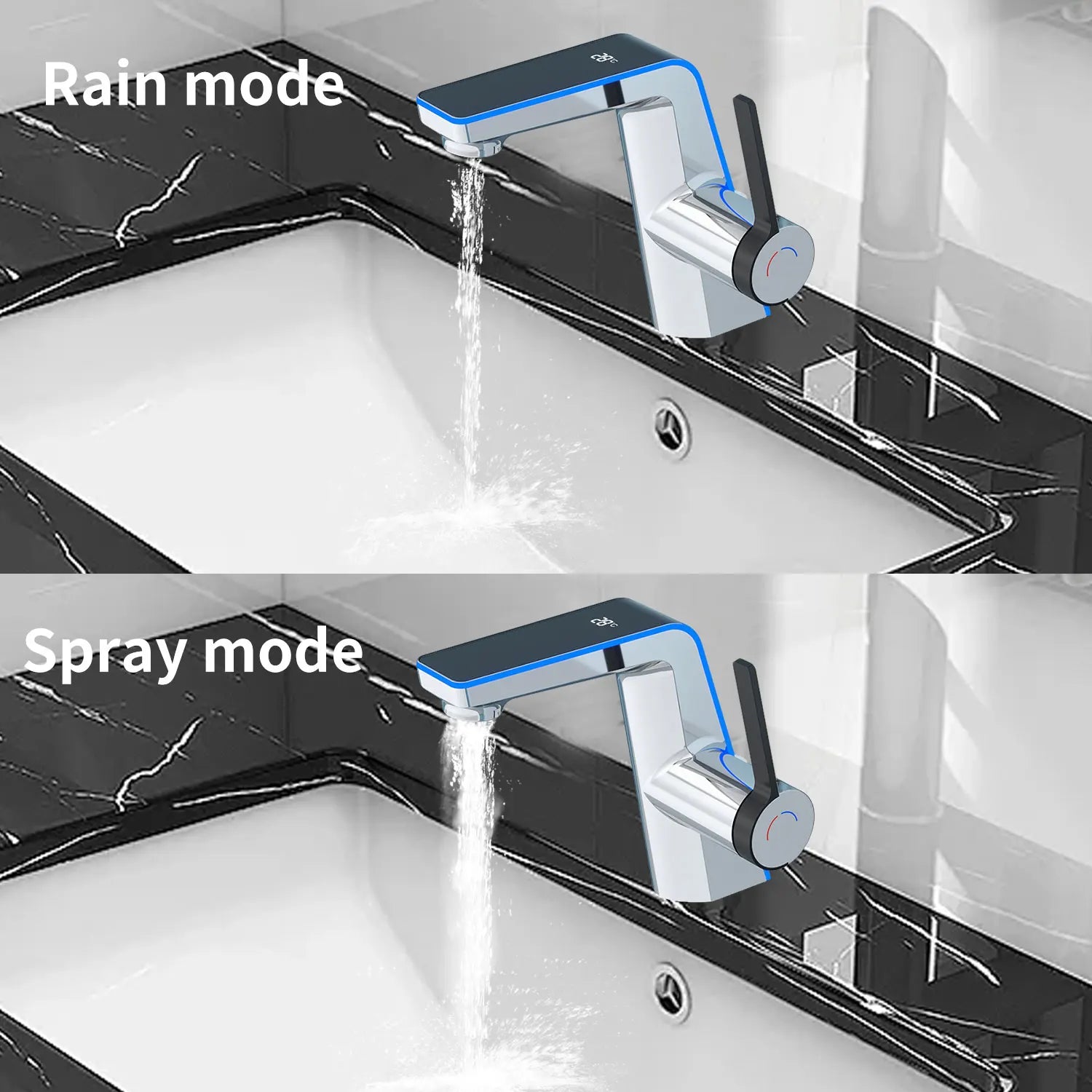 Badrumsblandare med LED-temperaturdisplay och dubbla spraylägen