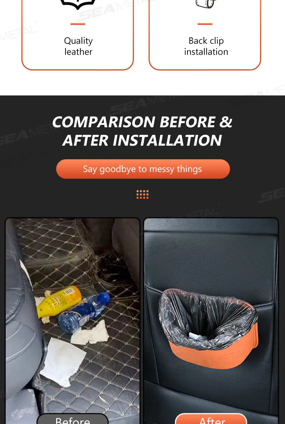 SEAMETAL Car Seat Back Organizer Pu Leather Waterproof Wear-Resistant Storage Bag Universal Stable Car Side Door Cup Holder