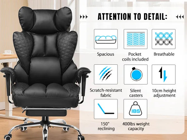 Ergonomic Leather Office Chair with Footrest & Reclining Back