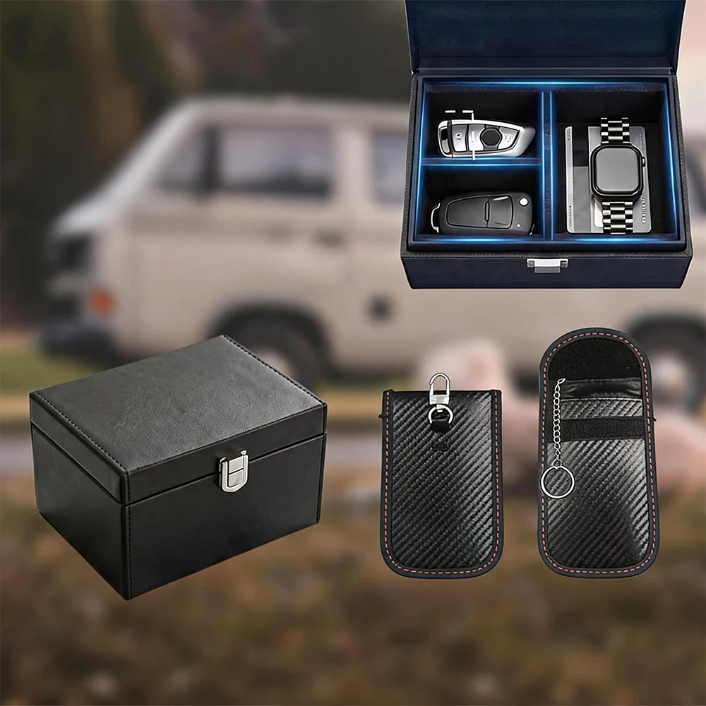 Car Key Storage Box With Removable Divider Metal Anti‑Theft Box With Carbon Fiber Pouch For Keys Wallets Phones