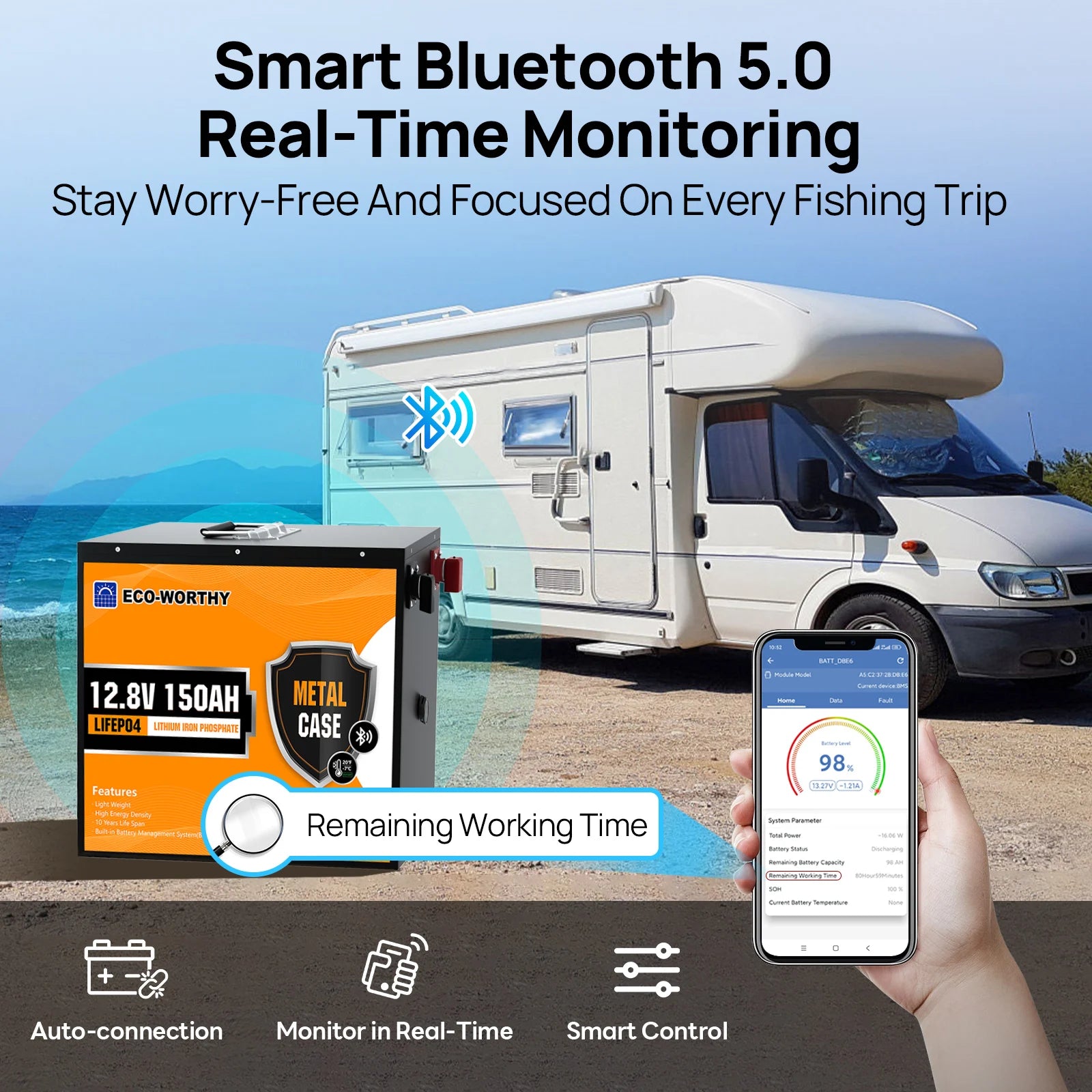 ECO-WORTHY 12V 150AH Bluetooth LiFePO4 Lithiumbatterie mit Kälteschutz, eingebautem 120A BMS, ideal zum Trolling