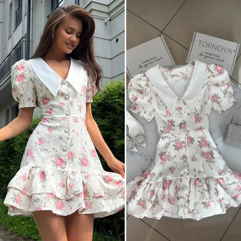 Tornova Print Puff Sleeves Ruffled Dress Women's V-Neck High Waist Pearl Buttons Mini Dress Female Casual Vacation Fashion Dress 