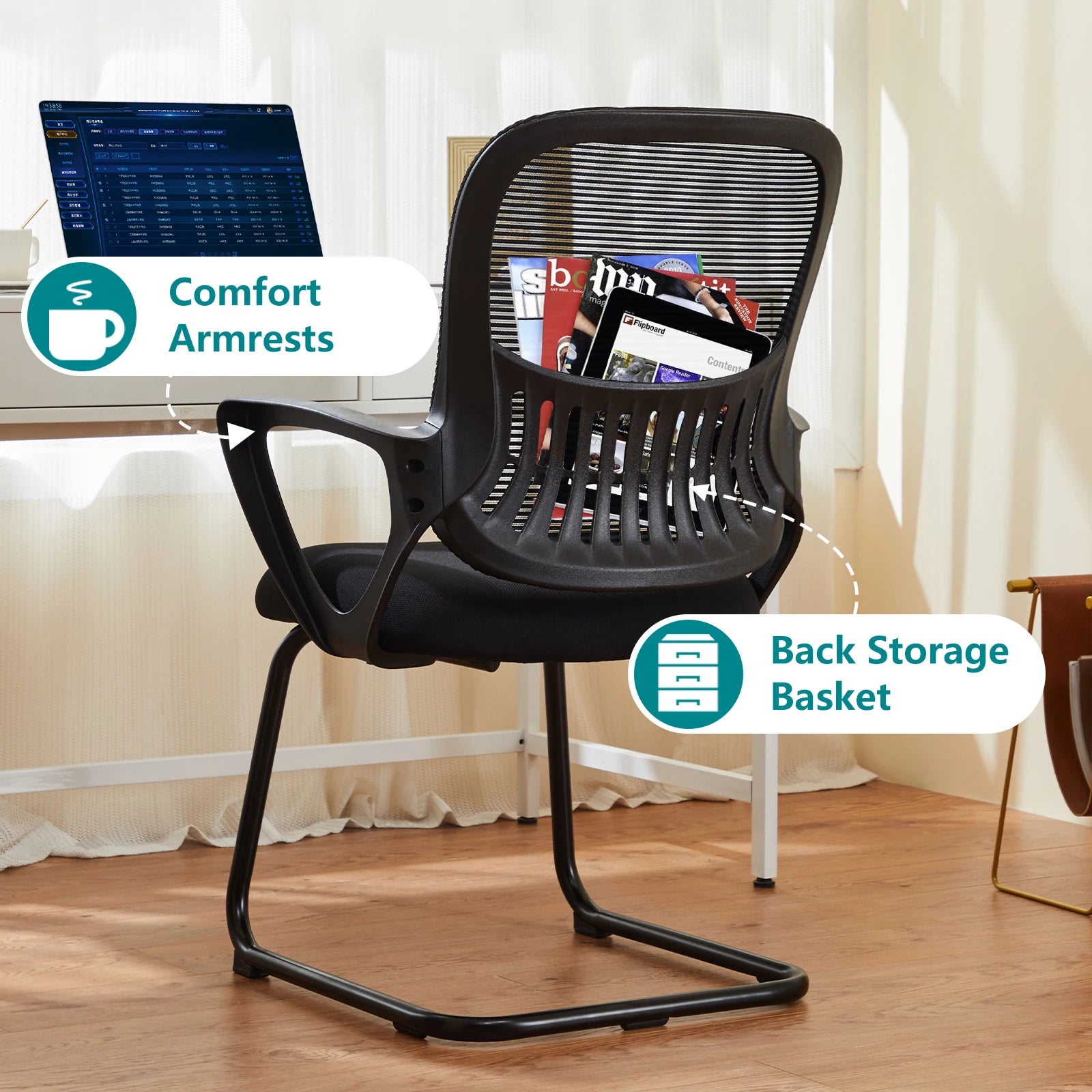 Ergonomic Office Guest Chair with Armrests & Mesh Lumbar Support