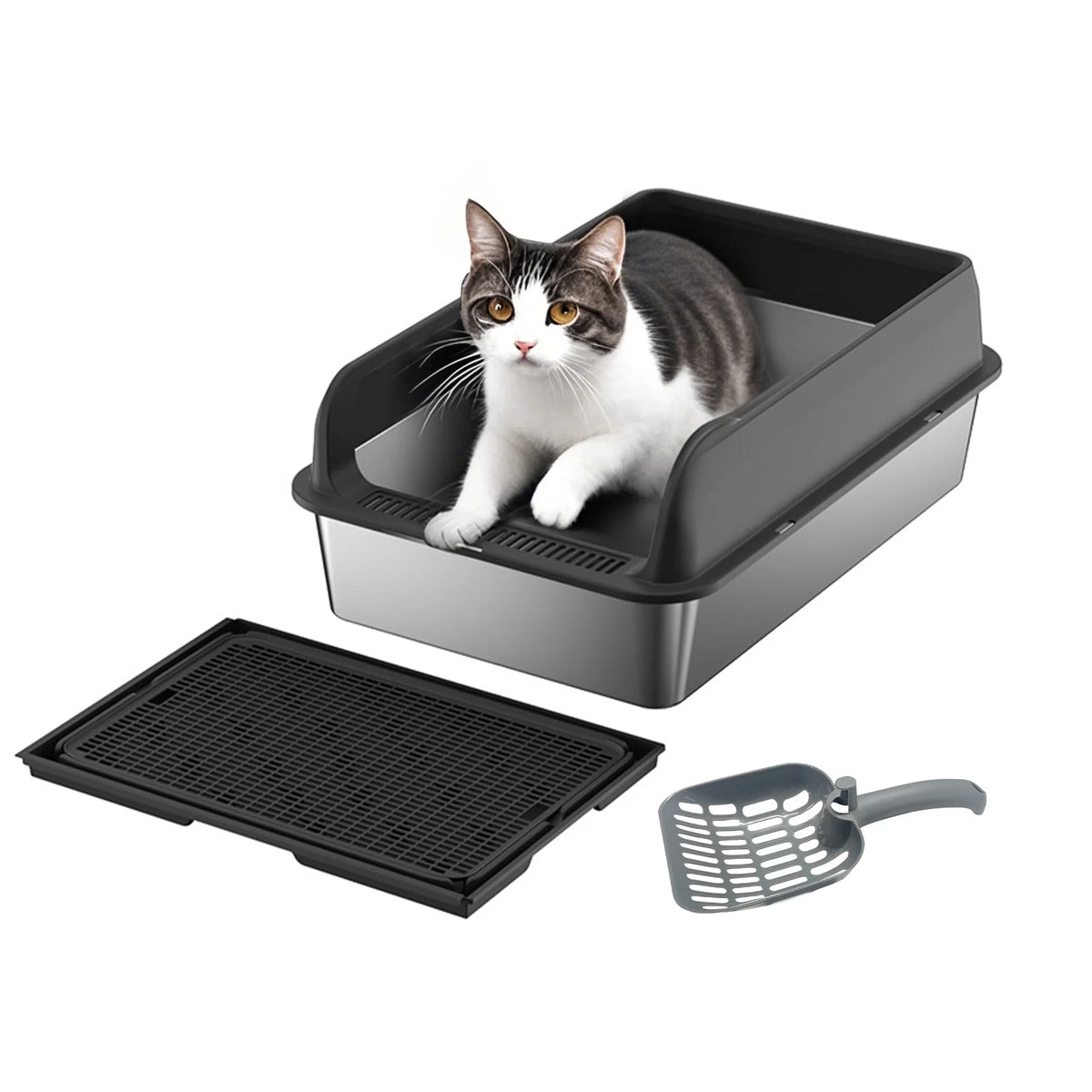 Högsides kattströlåda med matta och skopa