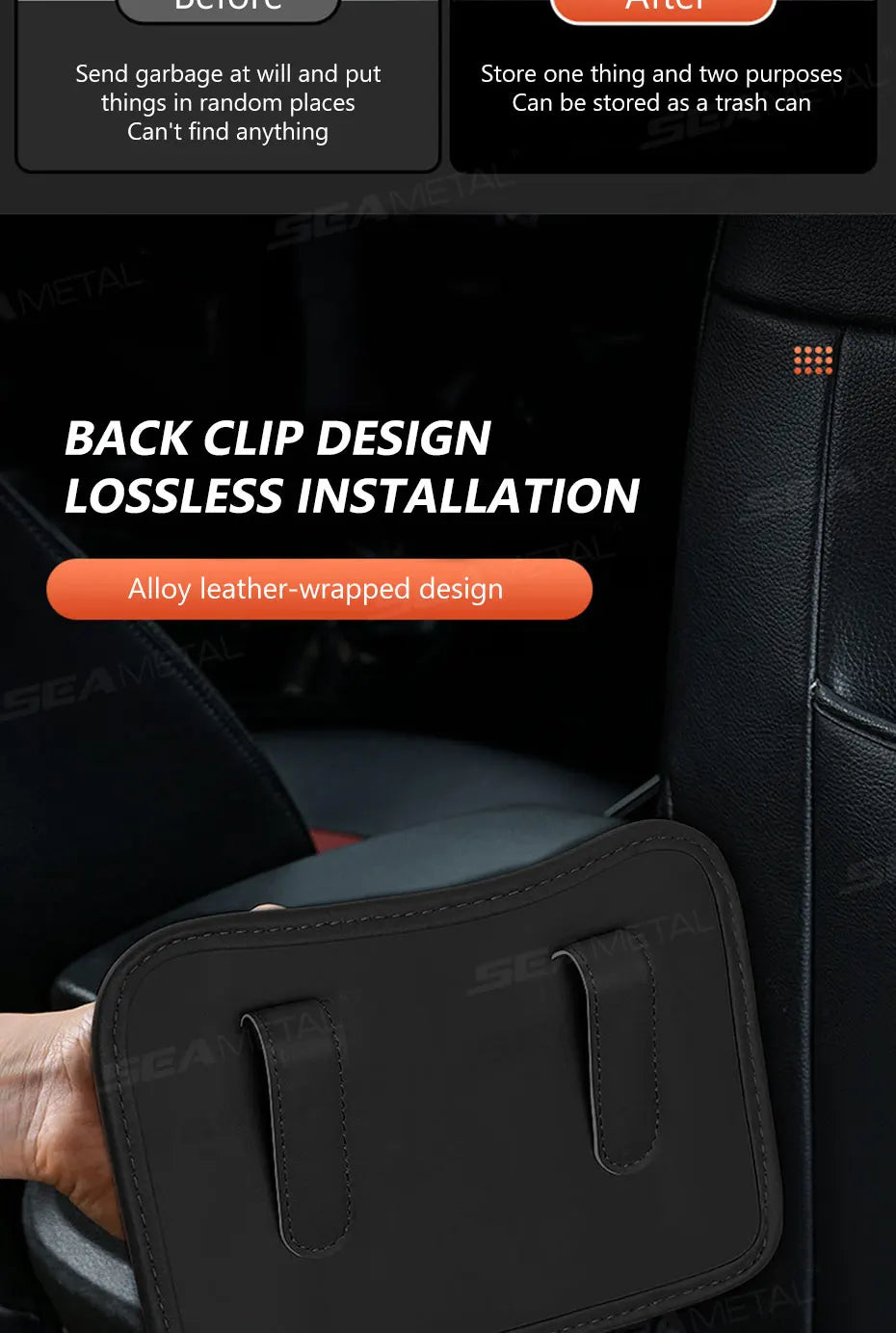 SEAMETAL Car Seat Back Organizer Pu Leather Waterproof Wear-Resistant Storage Bag Universal Stable Car Side Door Cup Holder
