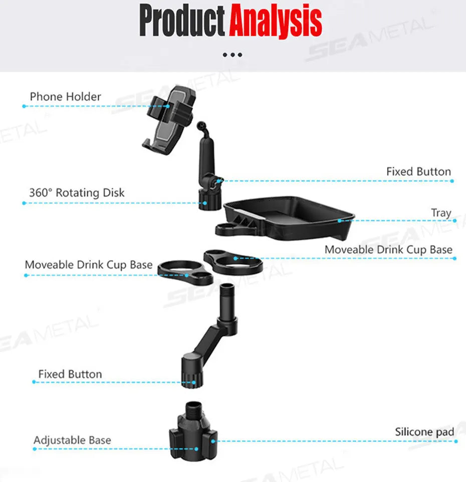 SEAMETAL Car Cup Holder Expander with Food Tray 360-Degree Rotation Stable Drink Holder Phone Mount Anti Slip Extendable Bottom