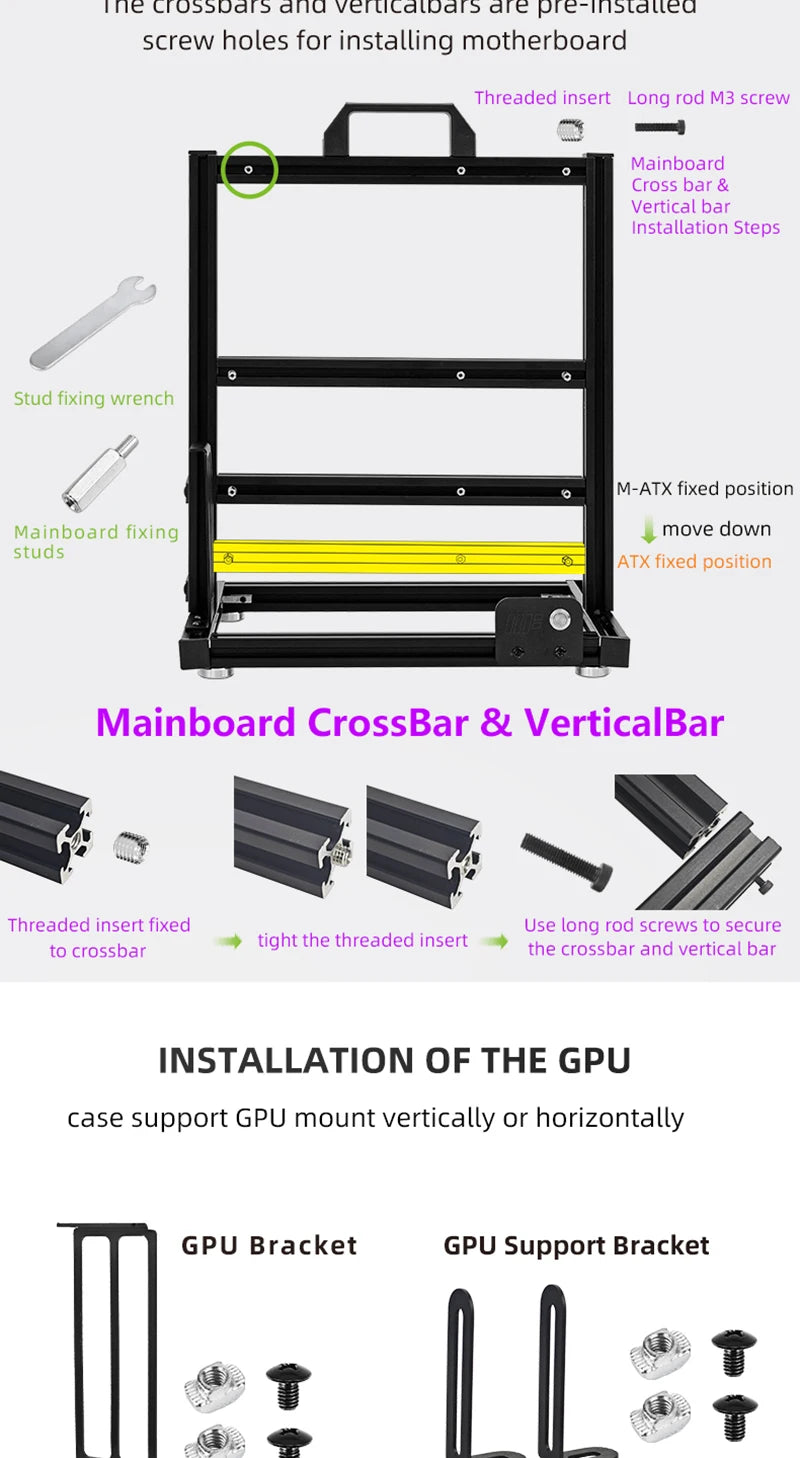 Open Frame ATX Aluminum PC Case with Horizontal GPU Mount