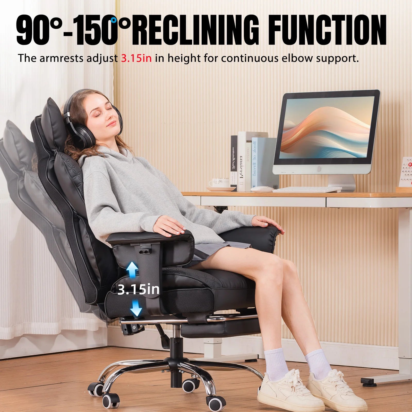 Ergonomic Leather Office Chair with Footrest & Reclining Back