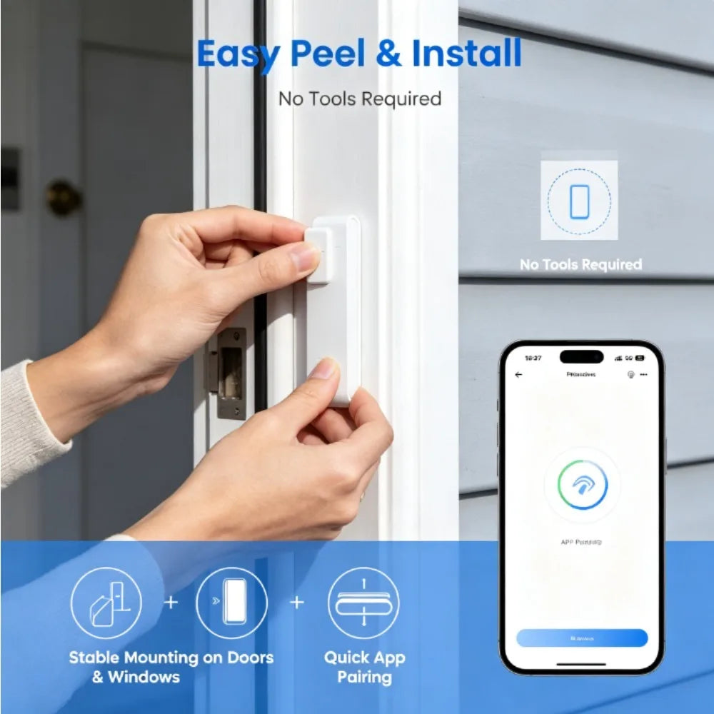 Sensore di Contatto Zigbee 6-in-1 Porta/Finestre, Rilevatore Aperto-Chiuso con App Avviso Istantaneo, Allarme Manomissione & Registro Storico, Installazione Senza Forare per Sicurezza Domestica