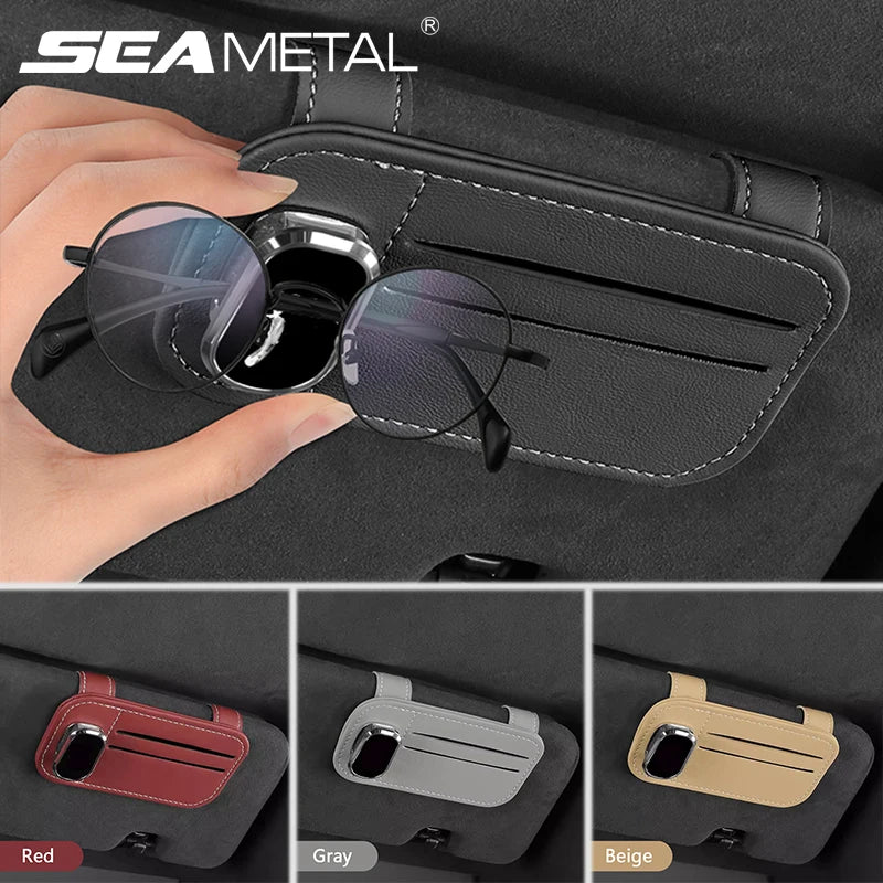 SEAMETAL Car Sun Visor Glasses Clip PU Leather Scratch-Free Sunglasses Holder with Card Storage Bag Universal Eyeglasses Holder