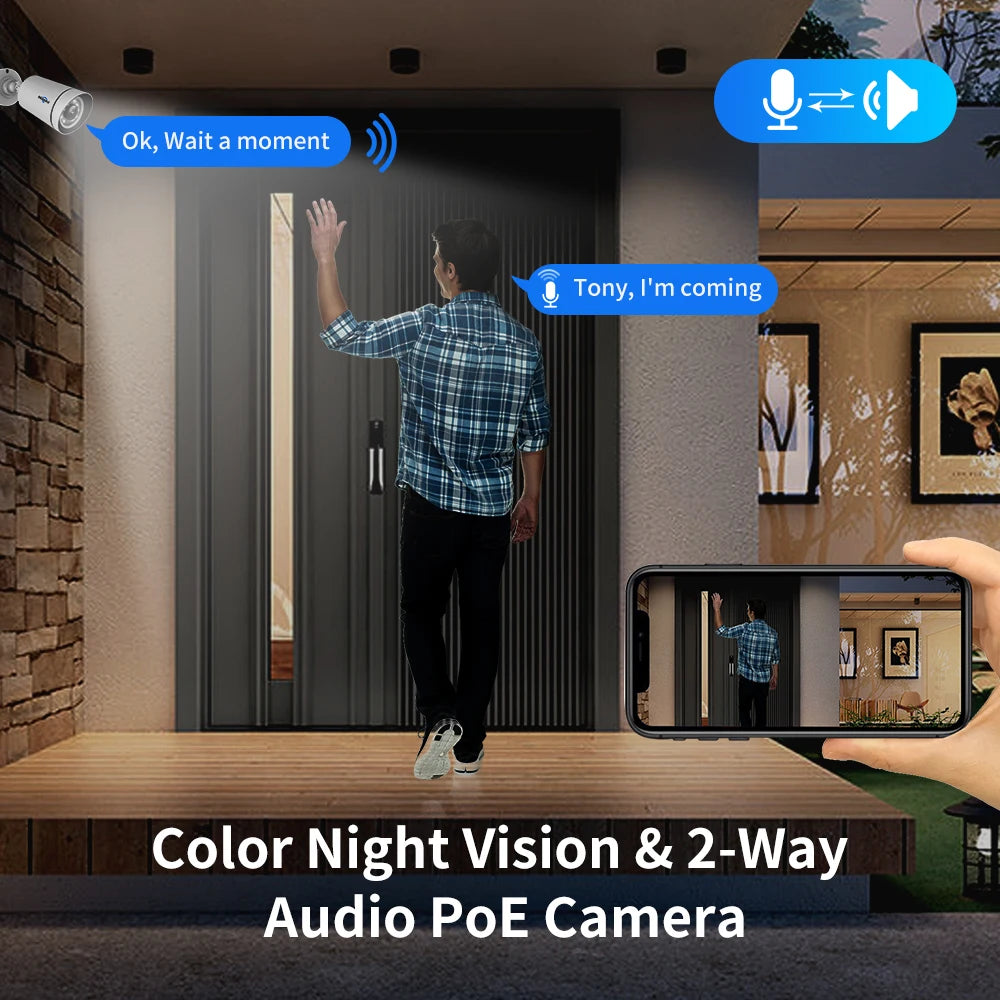 4K 8MP Outdoor PoE IP Security Camera with Audio, Motion Alarm, Color Night Vision, ONVIF