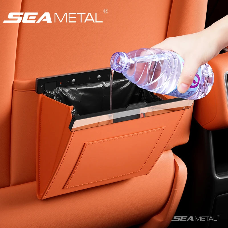 SEAMETAL Car Seat Back Trash Can with Magnetic Lid Waterproof Pu Leather Trash Bin Isolates Odors Universal for Sedan Suv Truck
