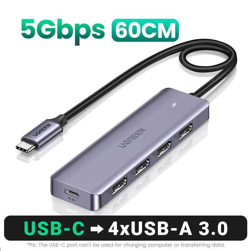 UGREEN USB-HUB med 4 porter, USB-A-splitter, ultratynn USB-utvideradapter til mus, tastatur, MacBook, bærbar PC og tilbehør til XBOX og PS5