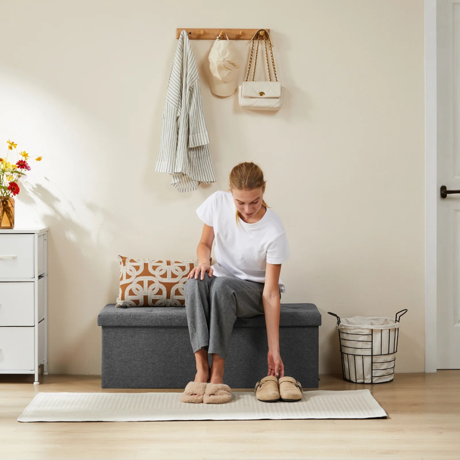Folding Storage Ottoman Bench with Hidden Toy Box & Cushion Seat