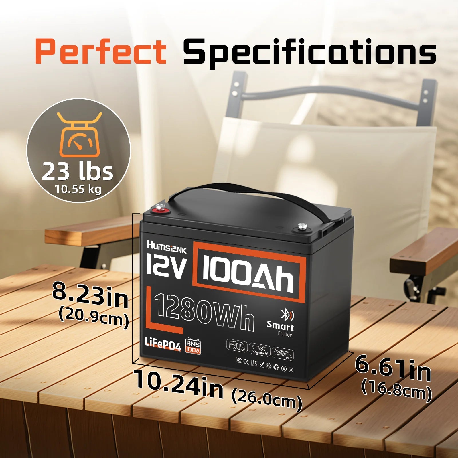 12V 100Ah LiFePO4-batteri 1280Wh med Bluetooth og 100A BMS