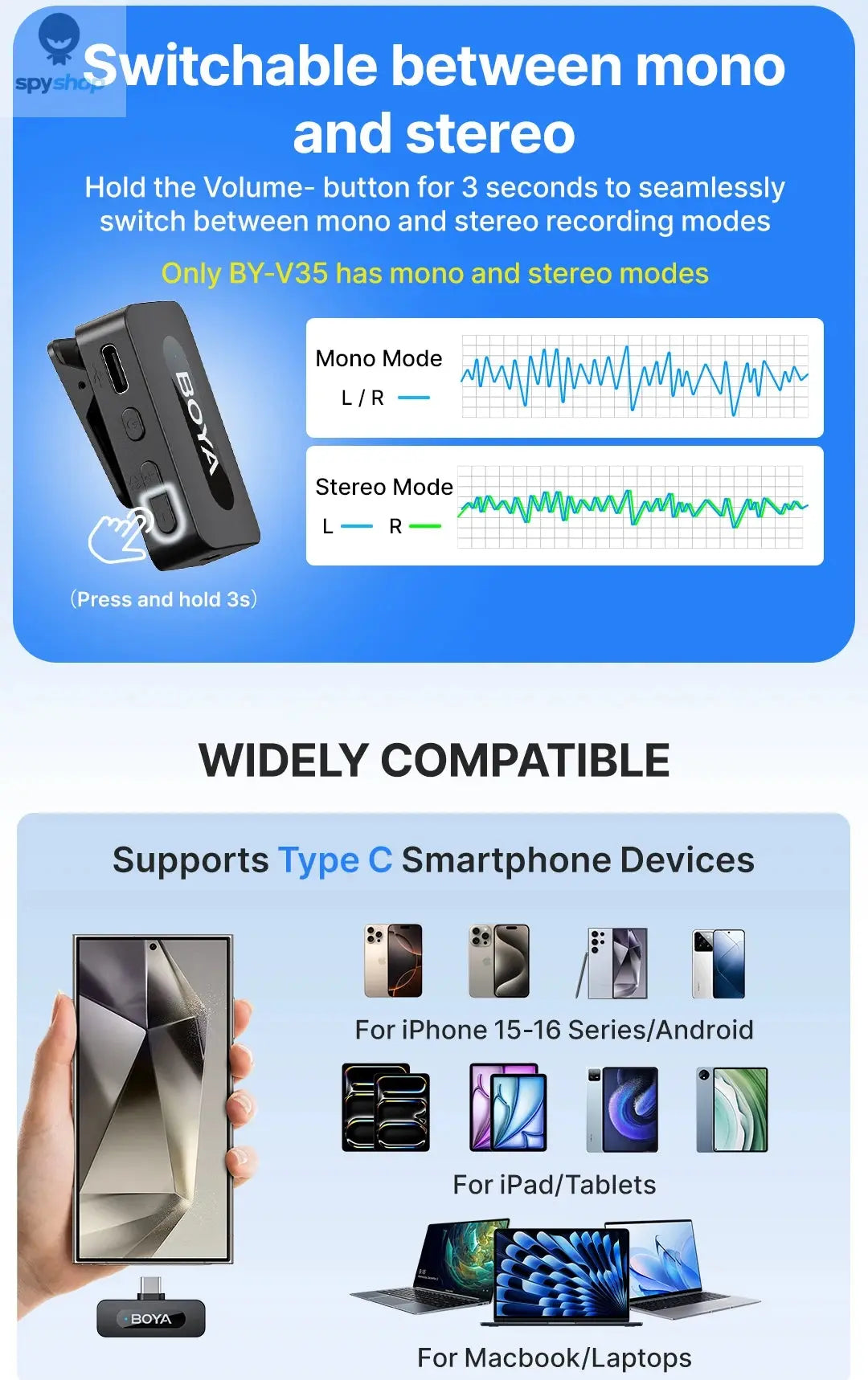 BOYA BY-V3 Wireless Lavalier Lapel Mirophone Noise-cancelling Rechargeable Mic for iPhone Android Camera Live Streaming Vlogging Spy-shop.com