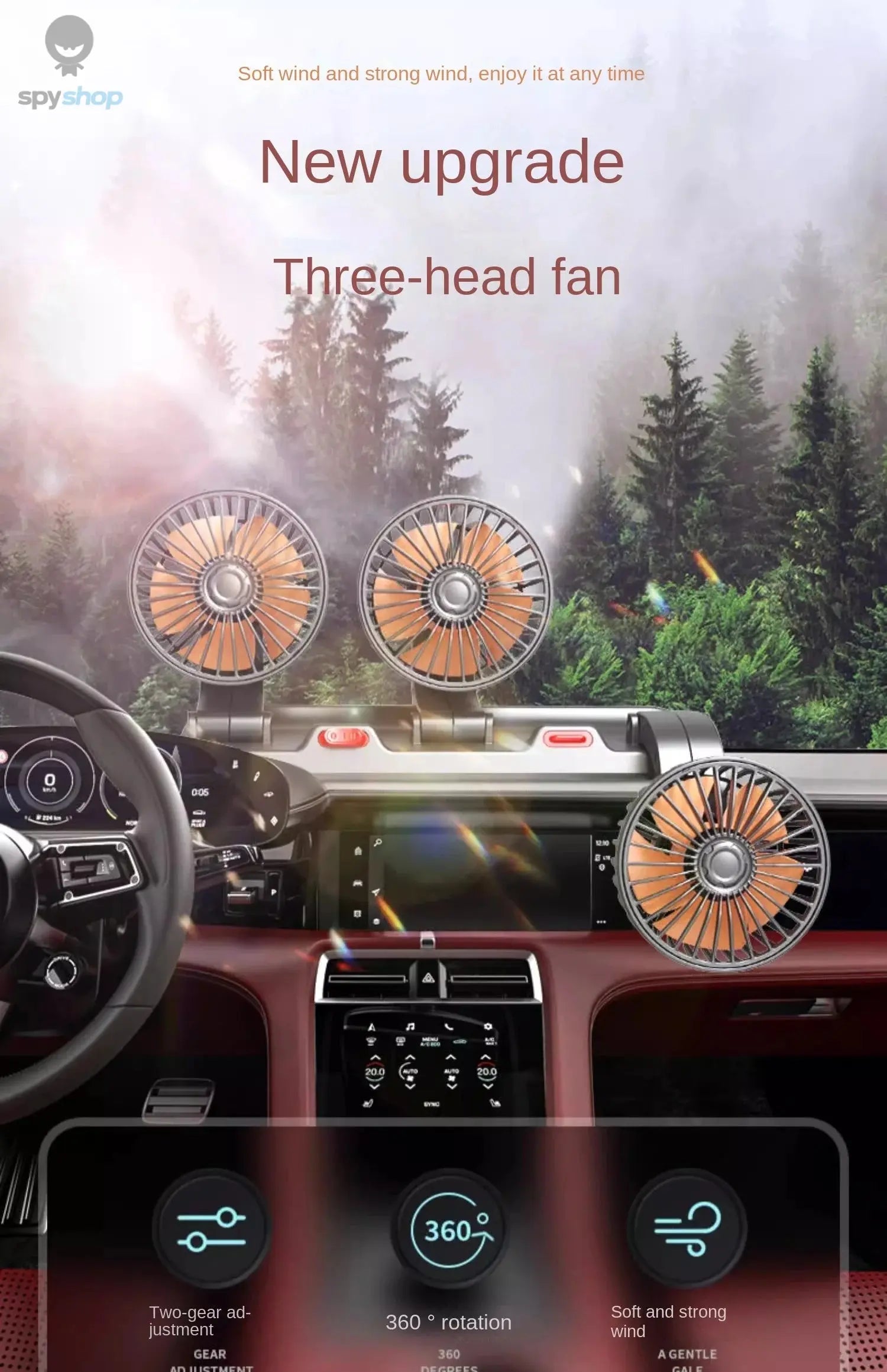 Car Fan 360° Adjustable 3 Head Air Fan Automotive Electric Fan USB/12V/24V Fan 2 Speeds Car Silent Fan For Home Desk Office&Car 