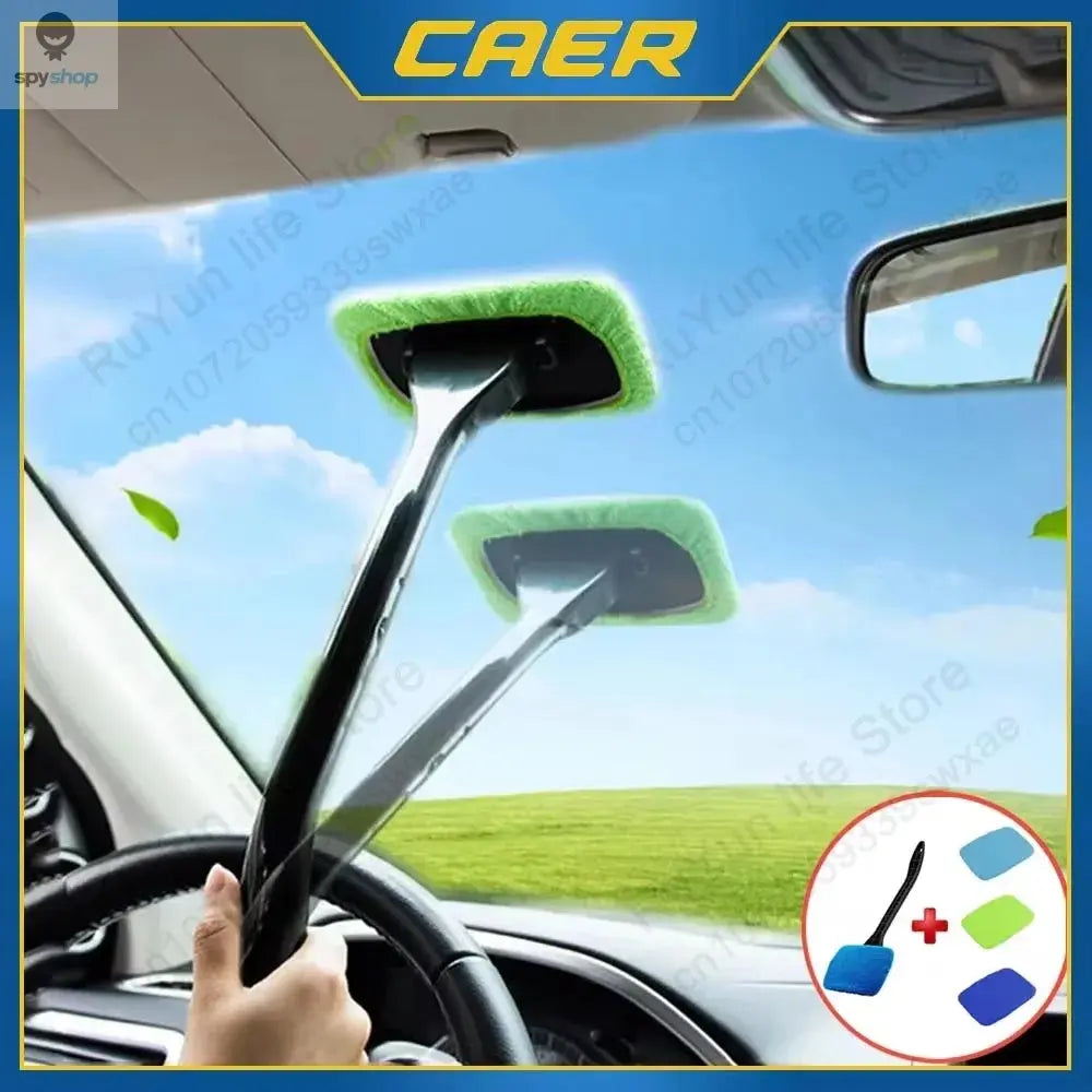 Car Window Cleaner Brush Kit Microfiber Windshield Cleaning Tool Auto Interior Glass Wash Wiper Long Handle Reusable Cloth Pad Spy-shop.com