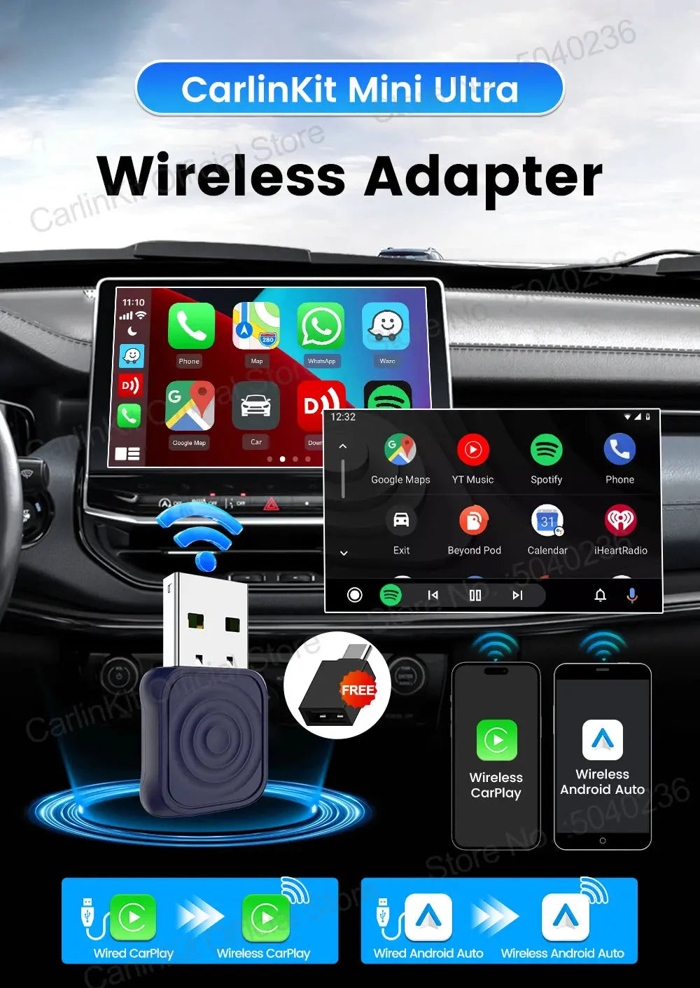 CarlinKit 5.0 Mini Ultra Wireless Adapter Wireless CarPlay Android Auto For OEM Car Plug and Play WiFi Bluetooth Auto Connection 