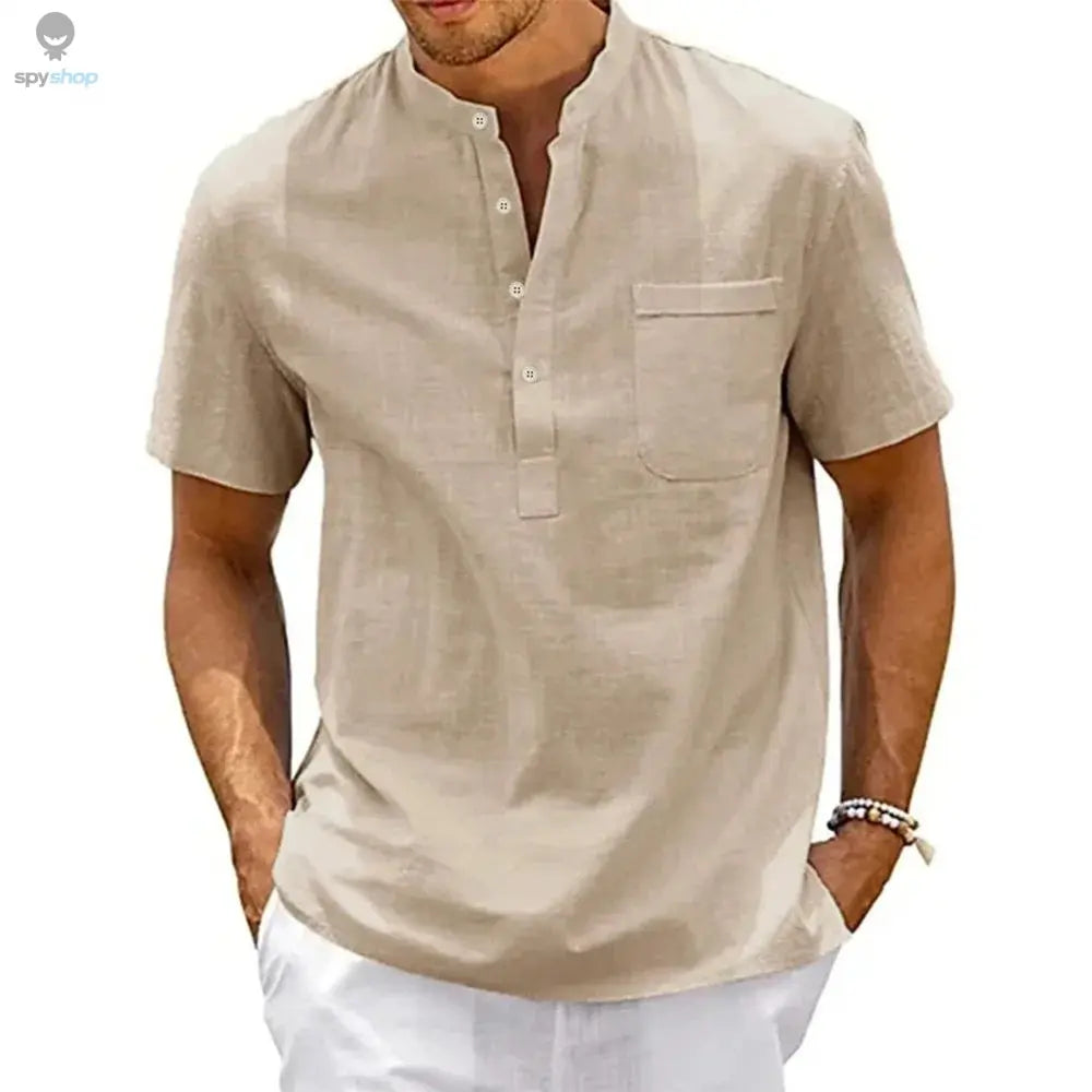 Cotton Linen Shirt Men Henley Neck Pocket Casual Beach Short Sleeve Solid Color Male Tops T-shirts Vintage Streetwear 