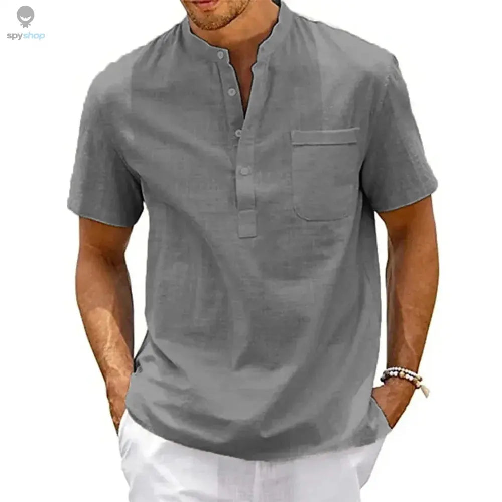 Cotton Linen Shirt Men Henley Neck Pocket Casual Beach Short Sleeve Solid Color Male Tops T-shirts Vintage Streetwear 