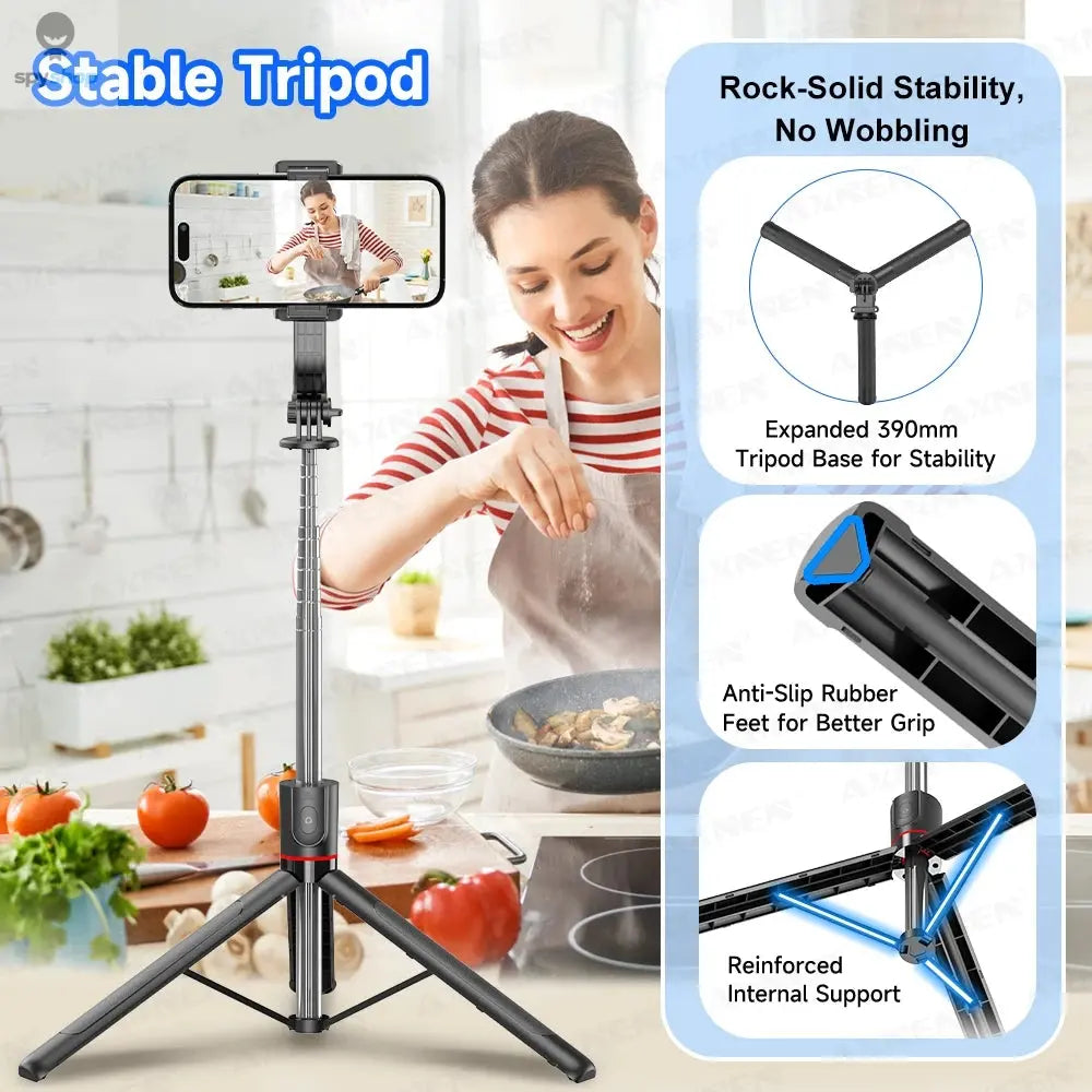 F15 Selfie Stick Tripod with Bluetooth Remote, 6-Section Extendable Pole, 360° Rotation, Fill Light Option, for Phone Vlog 