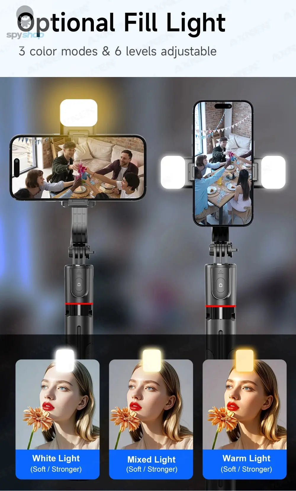 F15 Selfie Stick Tripod with Bluetooth Remote, 6-Section Extendable Pole, 360° Rotation, Fill Light Option, for Phone Vlog 