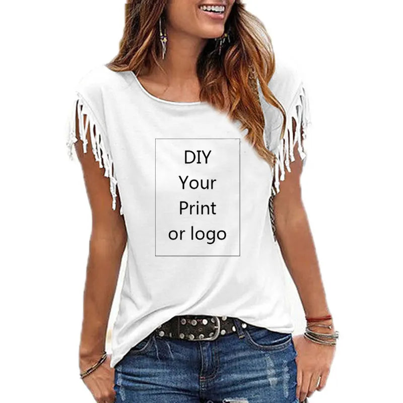 Ženska majica s potiskom po meri, bombažna bombažna majica s kratkimi rokavi in ​​O-izrezom, fotografija ali logotip, ki vam je všeč