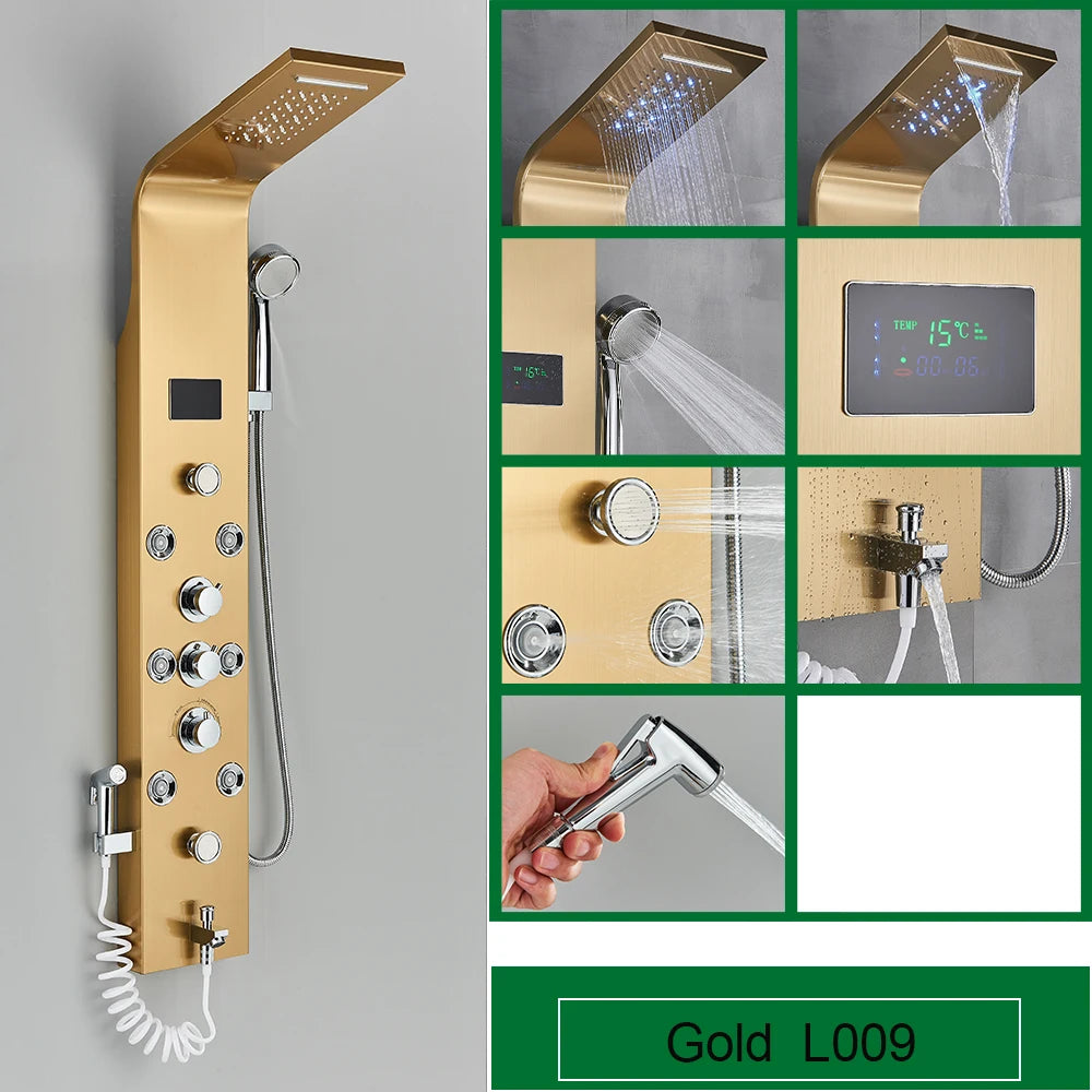 Panneau de douche noir pour salle de bain avec affichage LED et jets de massage