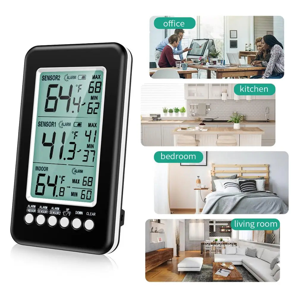 Refrigerator Thermometer with 2 Wireless Sensors and Alarm