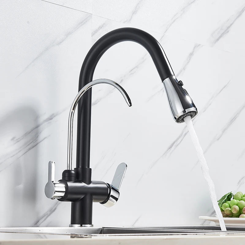 Purification Water Kitchen Faucet Black 360° Rotating Filter Water Faucets Pull Out Sprayer 3 Ways Hot Cold Water Mixer Tap 