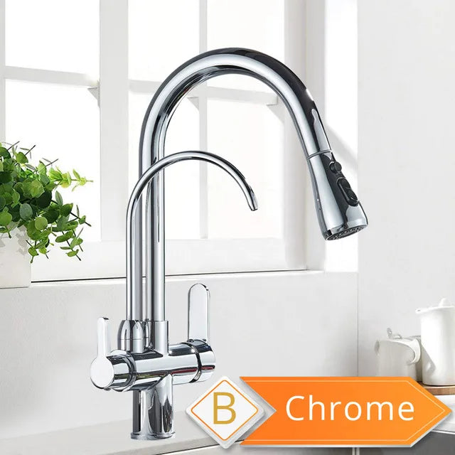 Purification Water Kitchen Faucet Black 360° Rotating Filter Water Faucets Pull Out Sprayer 3 Ways Hot Cold Water Mixer Tap 