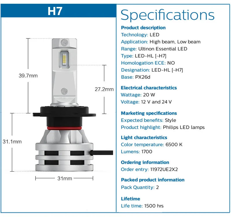 Philips Ultinon Essential G2 LED H1 H4 H7 H8 H11 H16 HB3 HB4 H1R2 9003 9005 9006 9012 6500K Auto Scheinwerfer Nebel-Lampe (2er Pack)