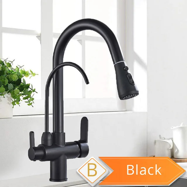 Purification Water Kitchen Faucet Black 360° Rotating Filter Water Faucets Pull Out Sprayer 3 Ways Hot Cold Water Mixer Tap 