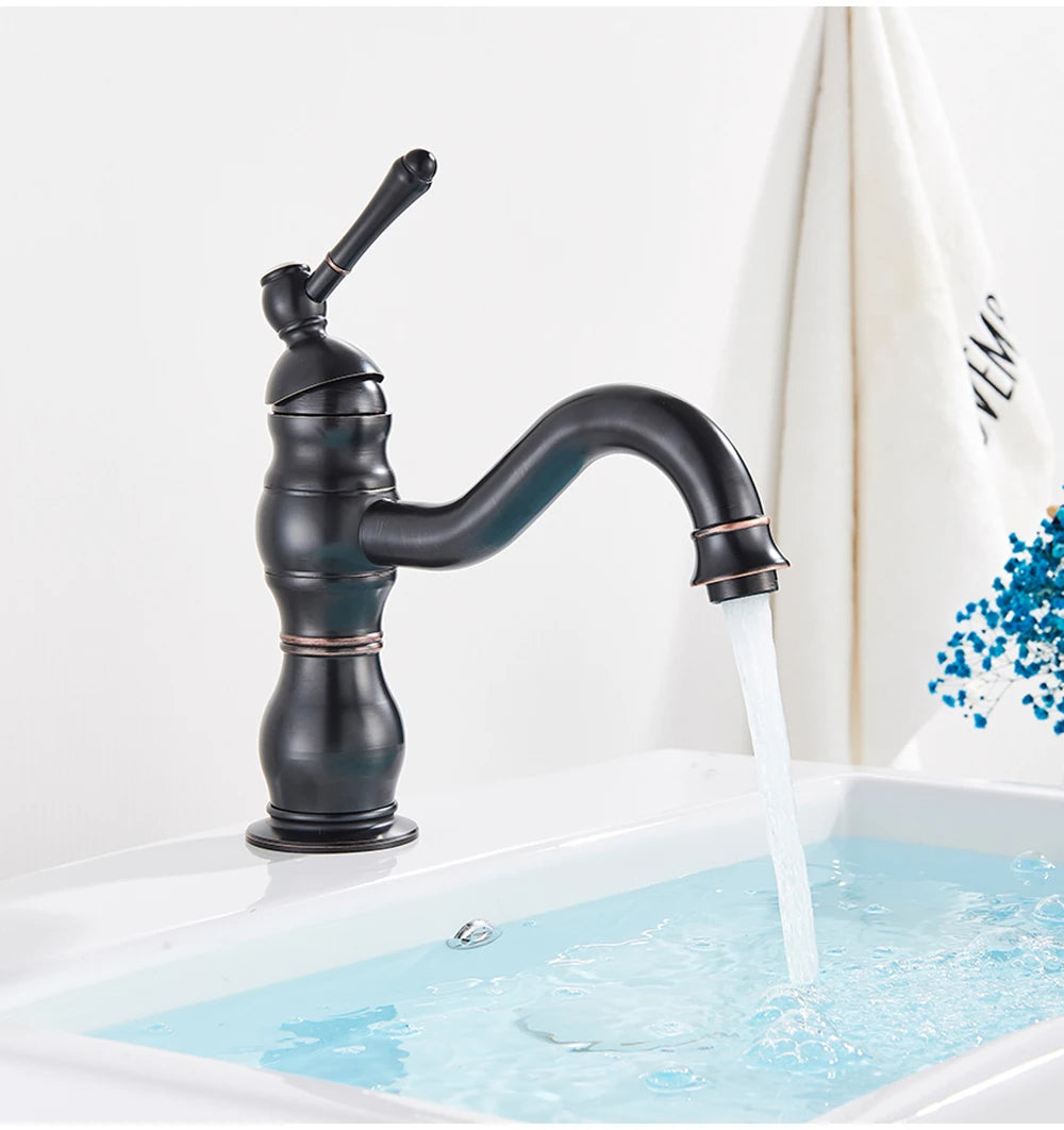 POIQIHY Antique Brass Basin Vessel Sink Faucet Deck Mounted One Hole Cold Hot Water Cold Hot Mixer Tap Bathroom Faucet  1 Hole 