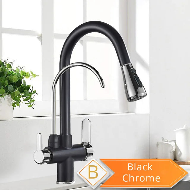 Purification Water Kitchen Faucet Black 360° Rotating Filter Water Faucets Pull Out Sprayer 3 Ways Hot Cold Water Mixer Tap 