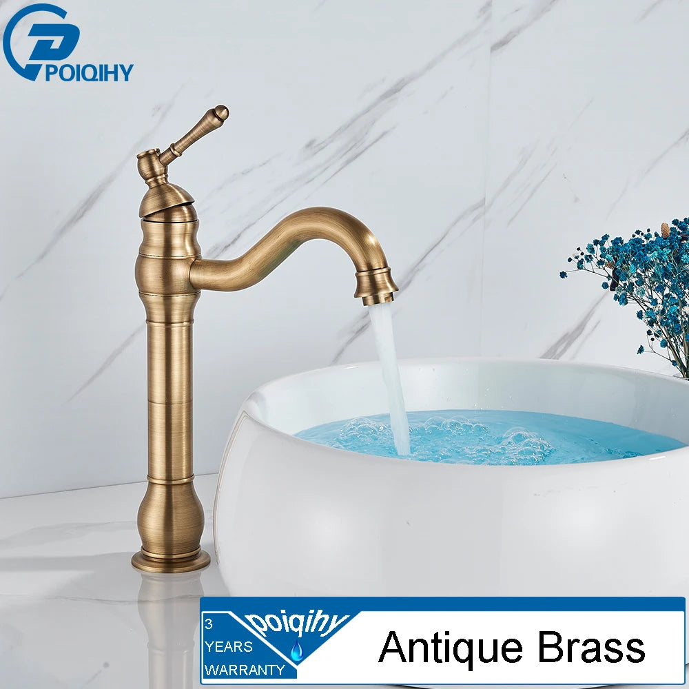 POIQIHY Antique Brass Basin Vessel Sink Faucet Deck Mounted One Hole Cold Hot Water Cold Hot Mixer Tap Bathroom Faucet  1 Hole 