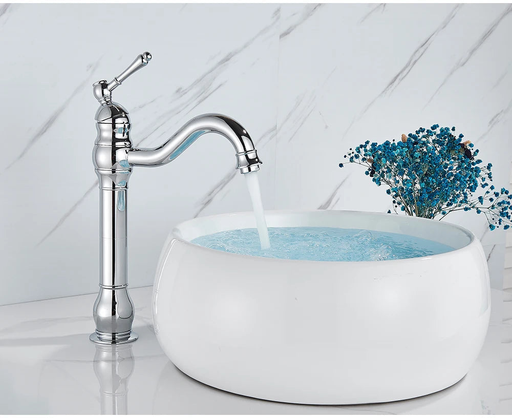 POIQIHY Antique Brass Basin Vessel Sink Faucet Deck Mounted One Hole Cold Hot Water Cold Hot Mixer Tap Bathroom Faucet  1 Hole 