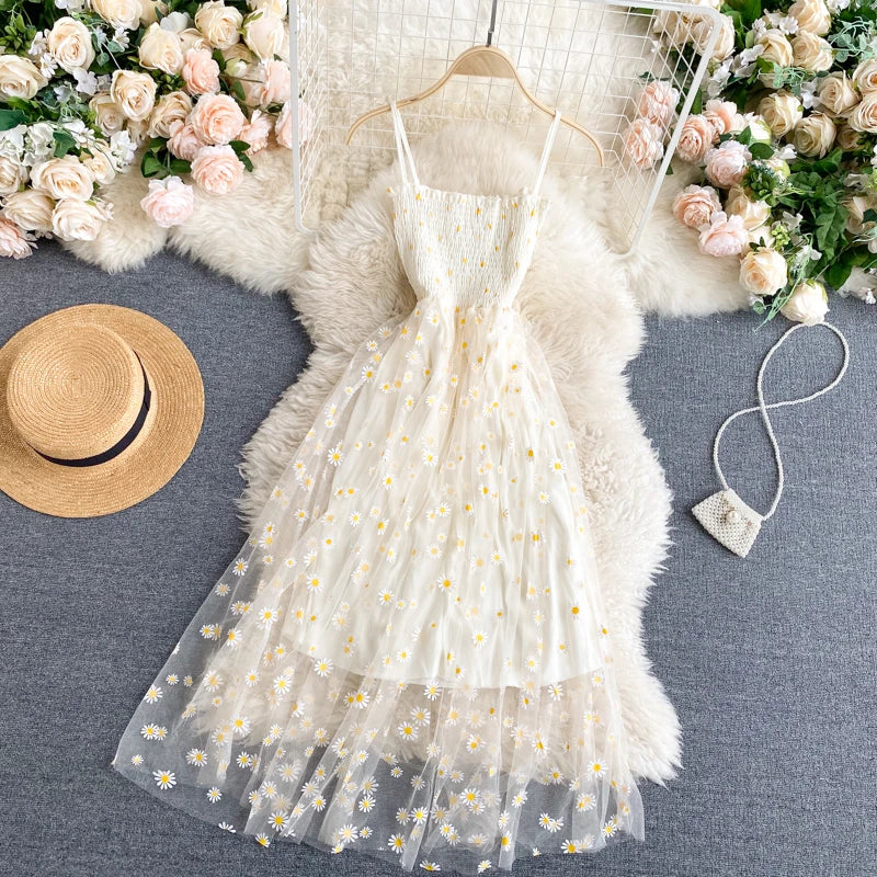 YuooMuoo Korean Fashion Daisy Flower Print Mesh Party Dress Summer Two Layers Spaghetti Strap Vacation Midi Dress Beach Vestidos 