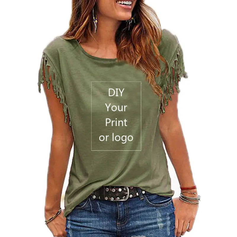 Ženska majica s potiskom po meri, bombažna bombažna majica s kratkimi rokavi in ​​O-izrezom, fotografija ali logotip, ki vam je všeč