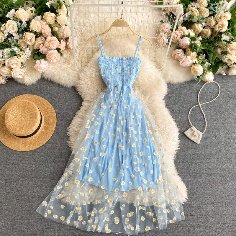 YuooMuoo Korean Fashion Daisy Flower Print Mesh Party Dress Summer Two Layers Spaghetti Strap Vacation Midi Dress Beach Vestidos 