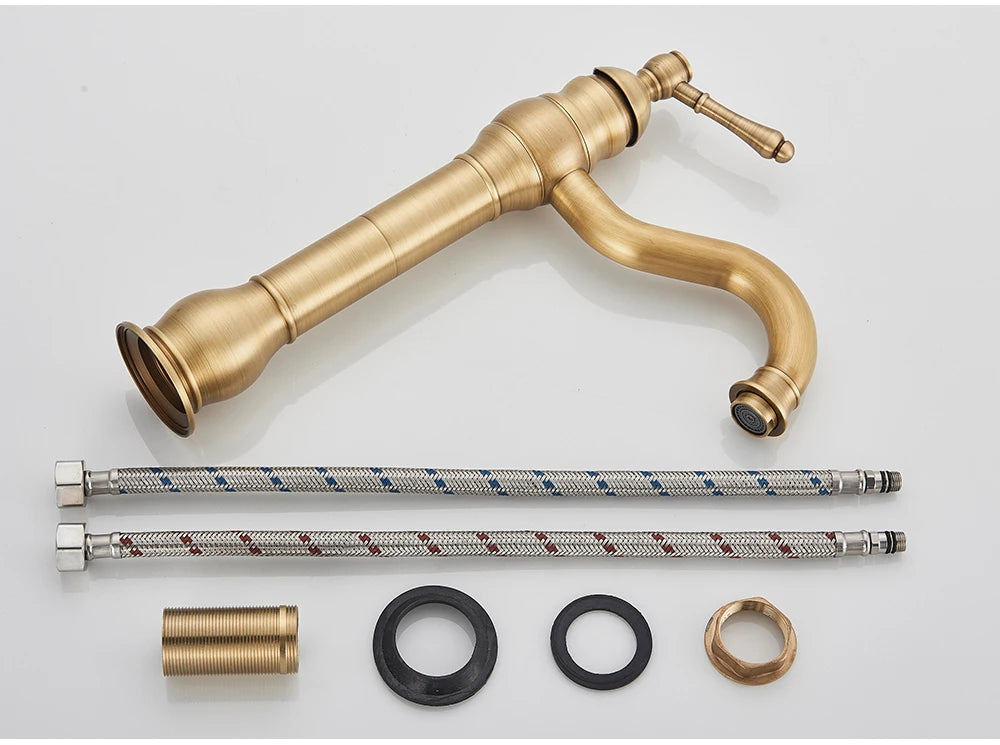 POIQIHY Antique Brass Basin Vessel Sink Faucet Deck Mounted One Hole Cold Hot Water Cold Hot Mixer Tap Bathroom Faucet  1 Hole 